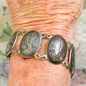 Pre-1948 SIAM STERLING Black Enamel Foliate Panel Bracelet~ VINTAGE 925 Link